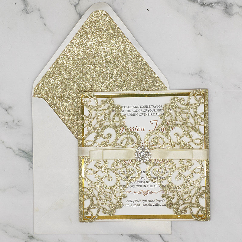 Champagne Luxury Embossed Monogram Wedding Day Invitation with