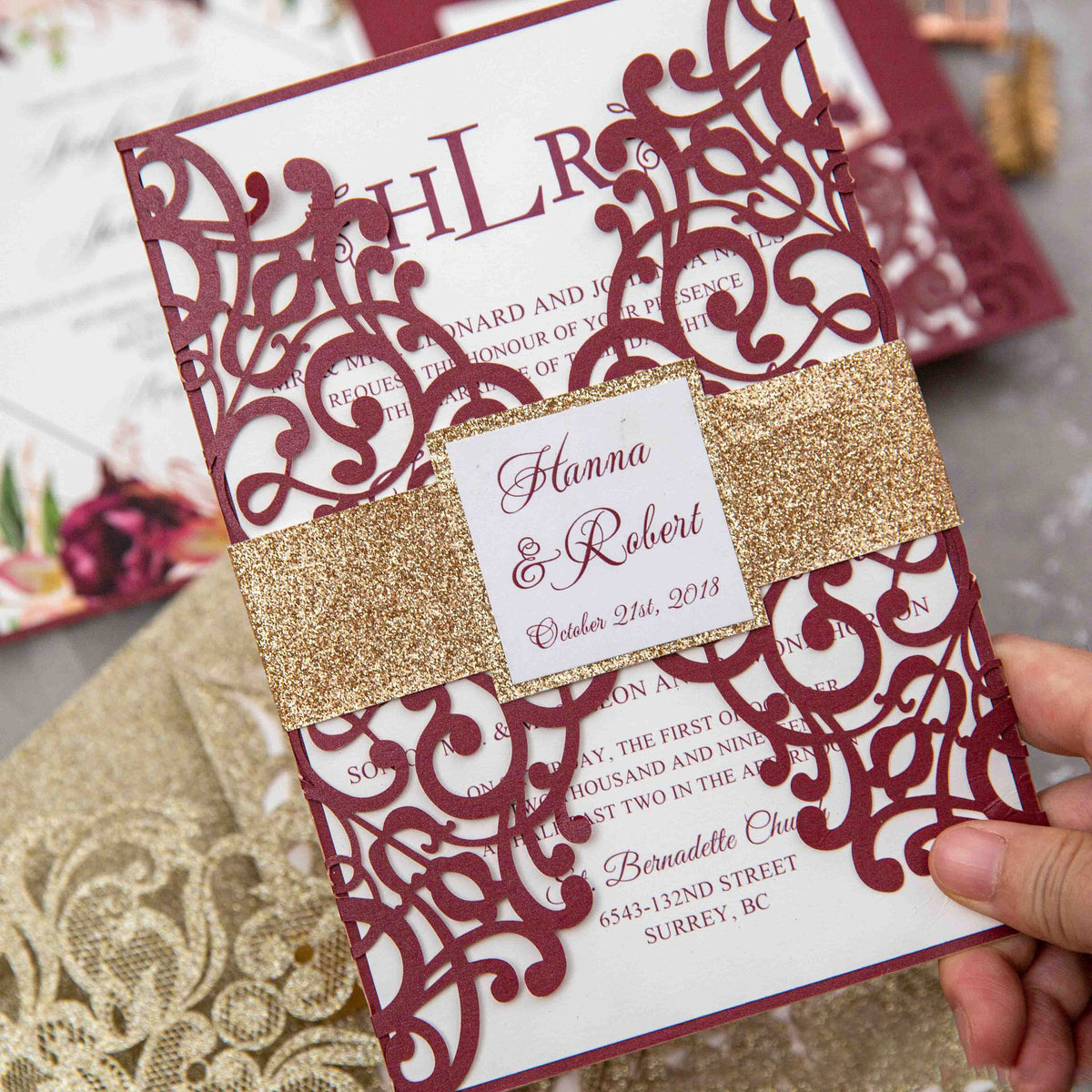 Rose Gold Glittery Wedding Invite with Floral Insert and Burgundy Ribb –  Charm Invites