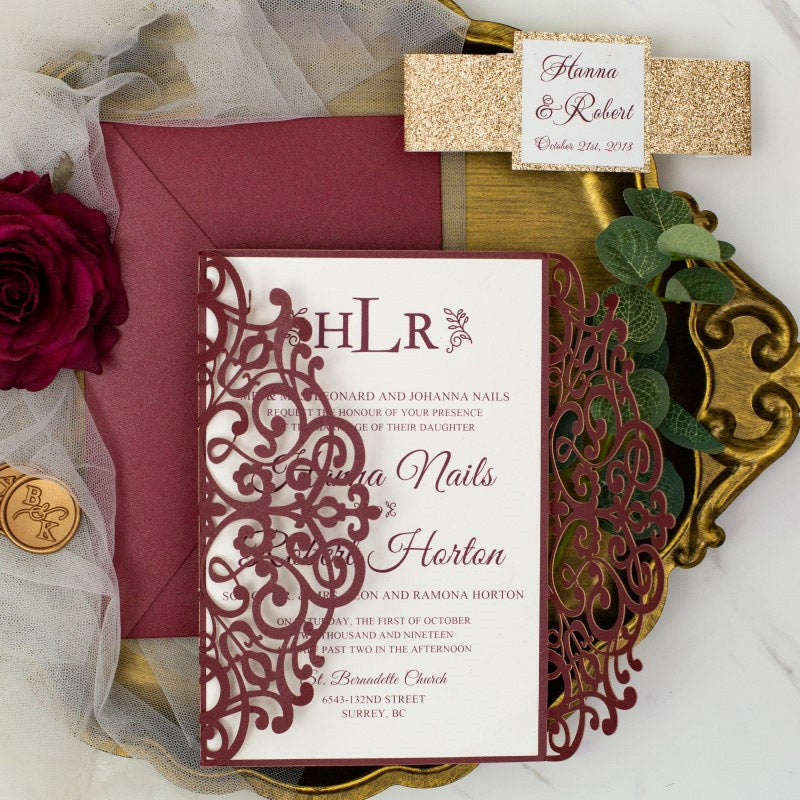 Romantic Burgundy Floral Monogram Laser Cut Wedding Invites SWWS265