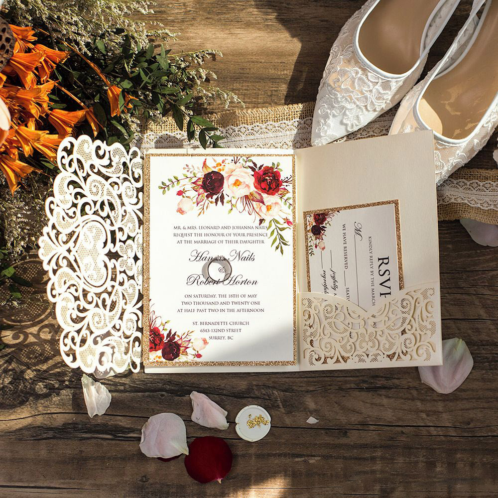 Luxury Ivory and champagne laser cut pocket invitation with dior bow and  pearl embelishment