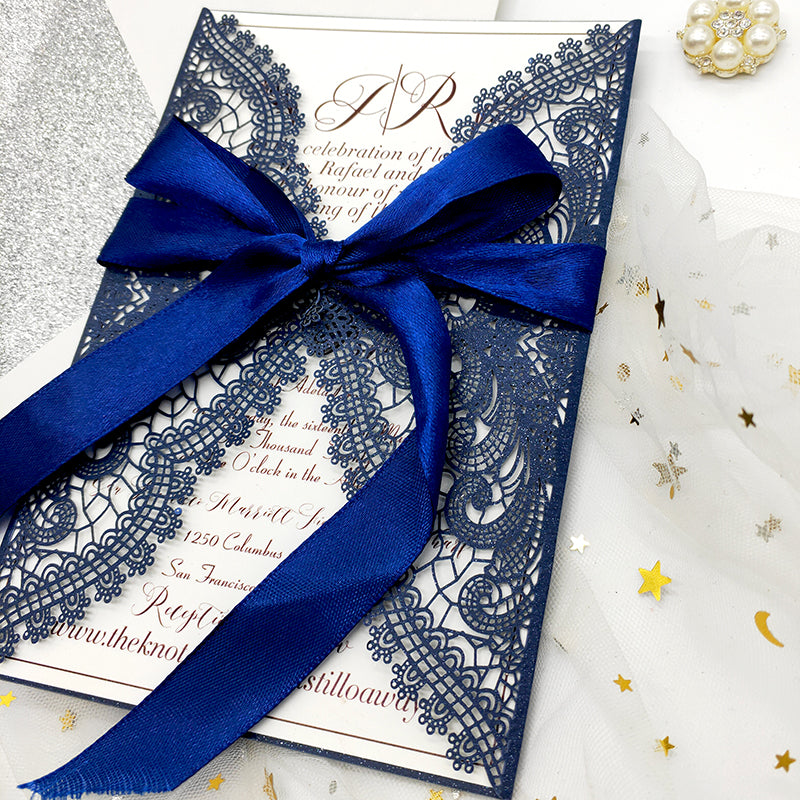 Silvery Laser Cut Wedding Invitation Blue Ribbons Blank With - Temu