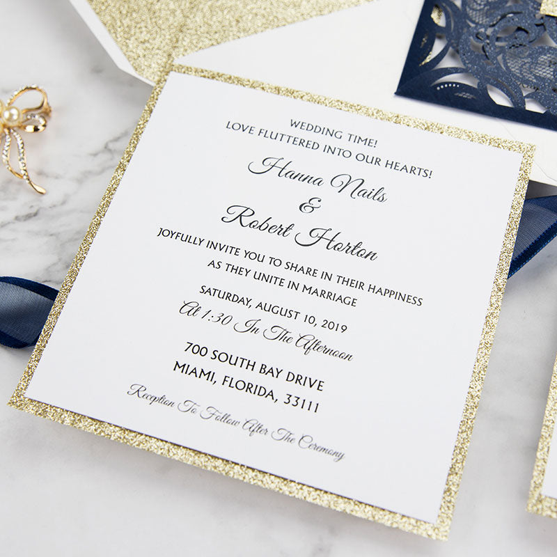 Navy Blue Champagne Glitter Laser Cut Wedding Invitation Cards