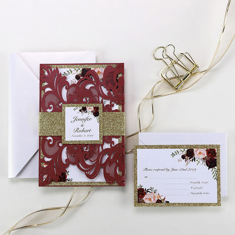 Rose Gold Glittery Wedding Invite with Floral Insert and Burgundy Ribb –  Charm Invites