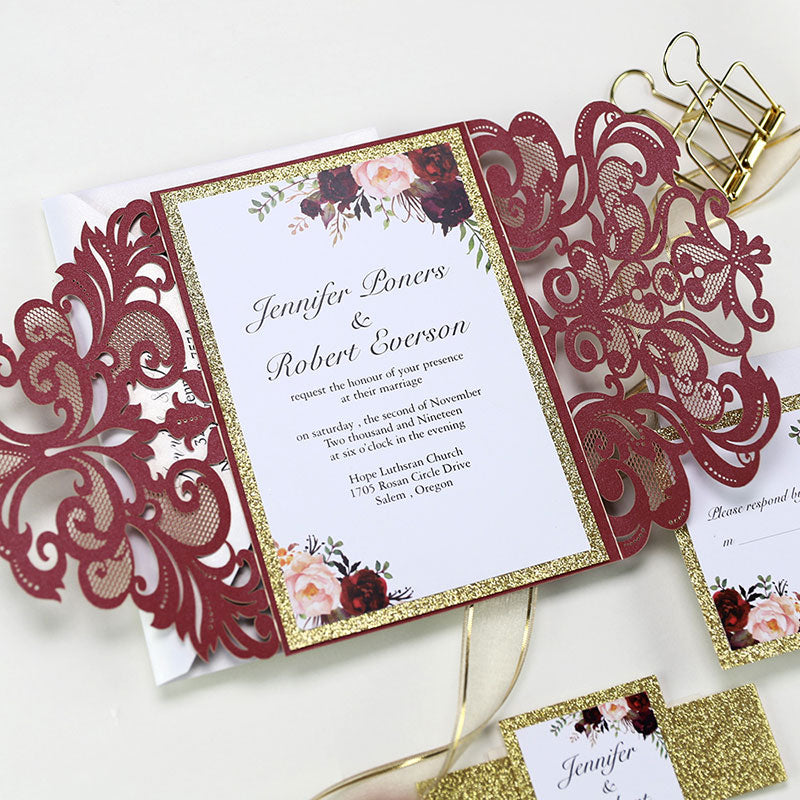 Romantic Burgundy Floral Monogram Laser Cut Wedding Invites SWWS265