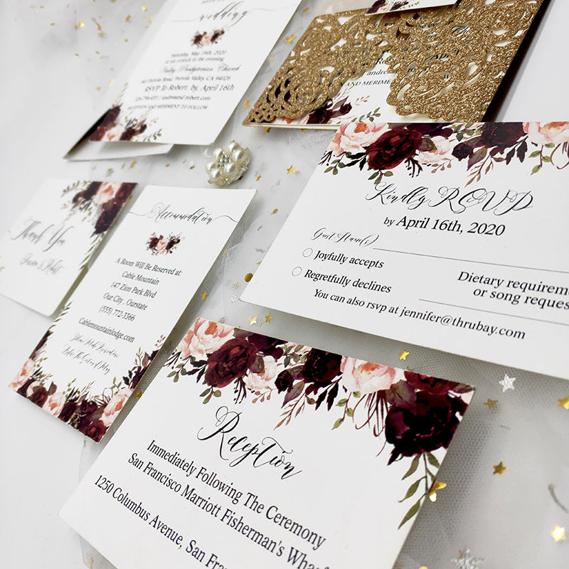 Rose Gold Glittery Wedding Invite with Floral Insert and Burgundy Ribb –  Charm Invites