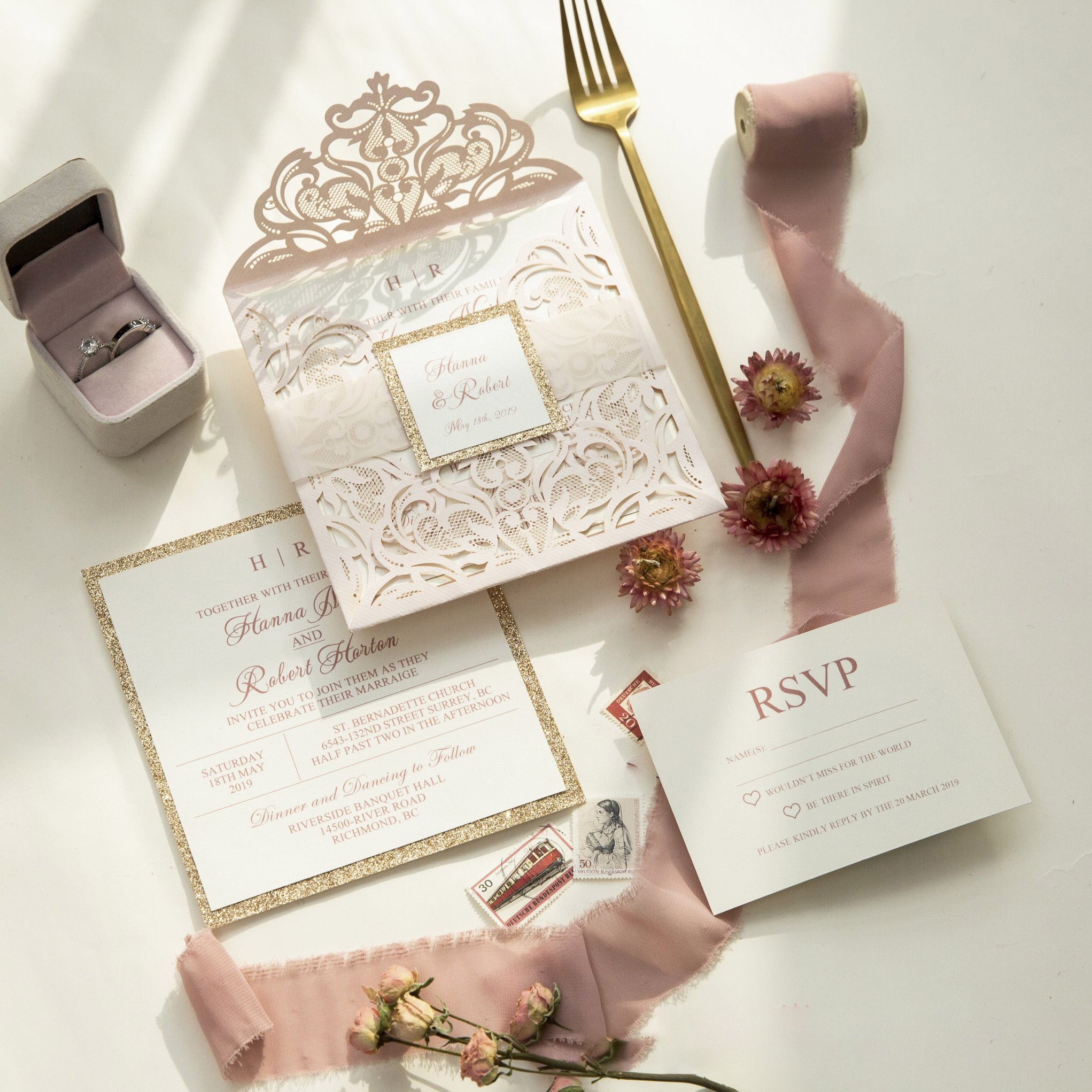 Elegant Custom Minimalist Blush Wedding Invitations With Pink Velvet good Belly Band, Bespoke Romantic Pink Invites Suite Of 20 Sets